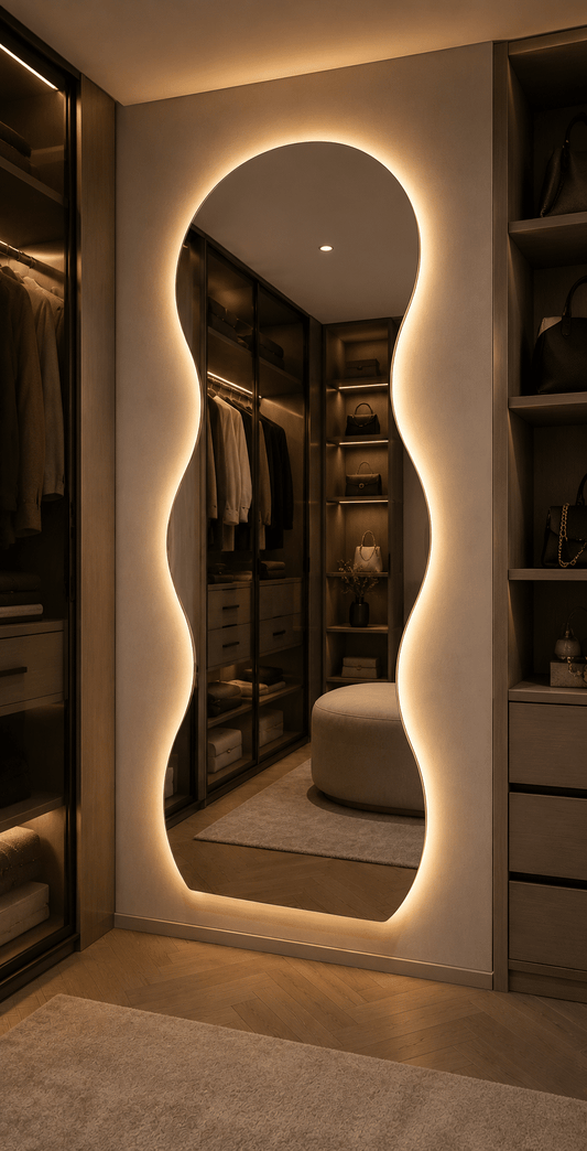 Oglindă LED Model Waves 70×160 cm, Iluminare Spate, 3 Tipuri de Lumină, Touch, Model Valuri