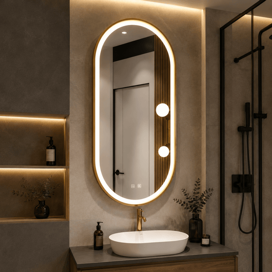 Oglindă LED Ovală 50×100 cm cu Ramă Auriu Periat, Model Shark Design, Dezaburire, 3 Tipuri de Lumină, Touch, IP65