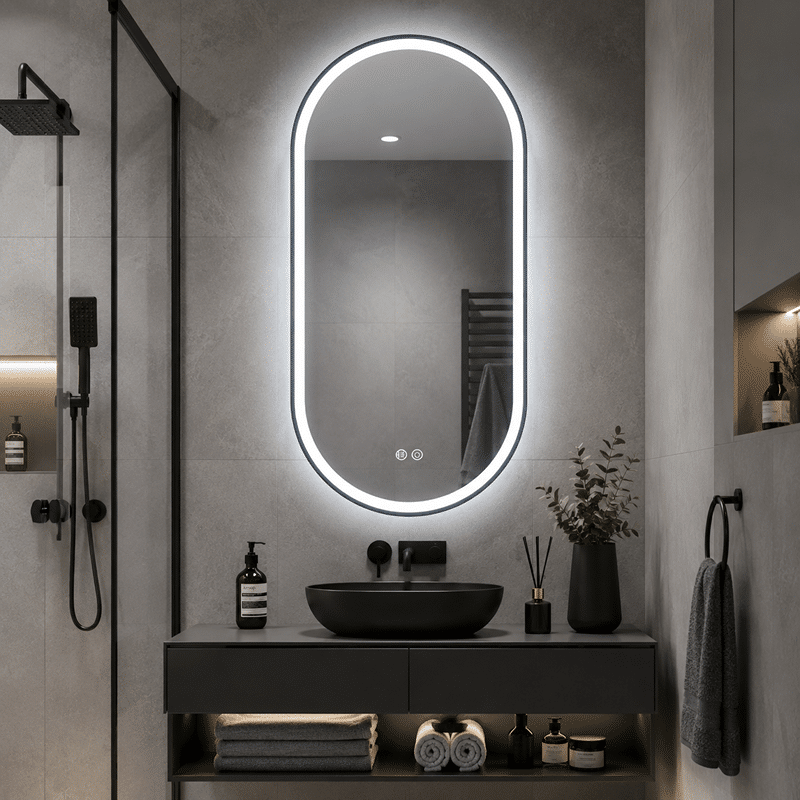 Oglindă LED Ovală 50×100 cm cu Ramă Negru Periat, Model Shark Design, Dezaburire, 3 Tipuri de Lumină, Touch, IP65