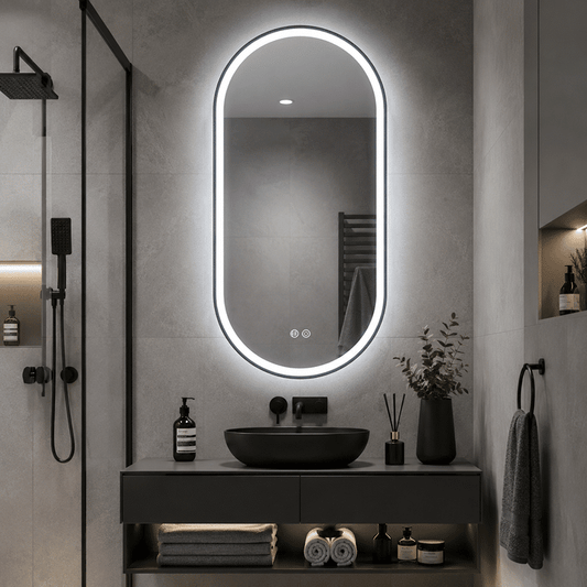 Oglindă LED Ovală 50×100 cm cu Ramă Negru Periat, Model Shark Design, Dezaburire, 3 Tipuri de Lumină, Touch, IP65