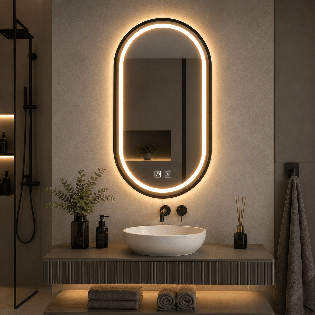 Oglindă LED Ovală 50×100 cm cu Ramă Negru Periat, Model Shark Design, Dezaburire, 3 Tipuri de Lumină, Touch, IP65