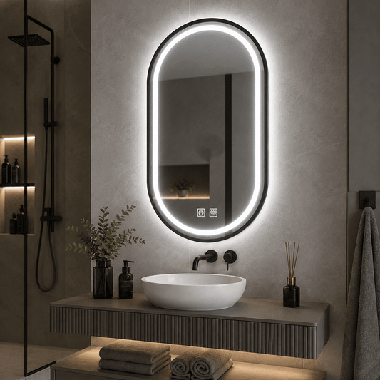 Oglindă LED Ovală 50×80 cm cu Ramă Negru Periat, Model Shark Design, Dezaburire, 3 Tipuri de Lumină, Touch, IP65