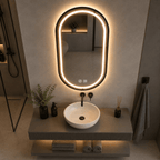 Oglindă LED Ovală 50×100 cm cu Ramă Negru Periat, Model Shark Design, Dezaburire, 3 Tipuri de Lumină, Touch, IP65