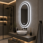 Oglindă LED Ovală 50×100 cm cu Ramă Negru Periat, Model Shark Design, Dezaburire, 3 Tipuri de Lumină, Touch, IP65