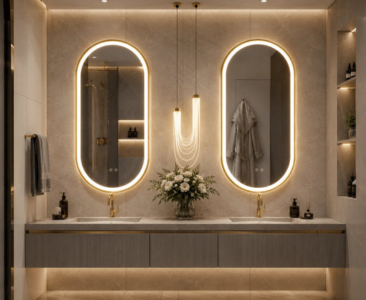 Oglinda LED Ovala 60×80 cm, Dezaburire, 3 Tipuri de Lumina, Touch, IP65, cu Rama Auriu Periat