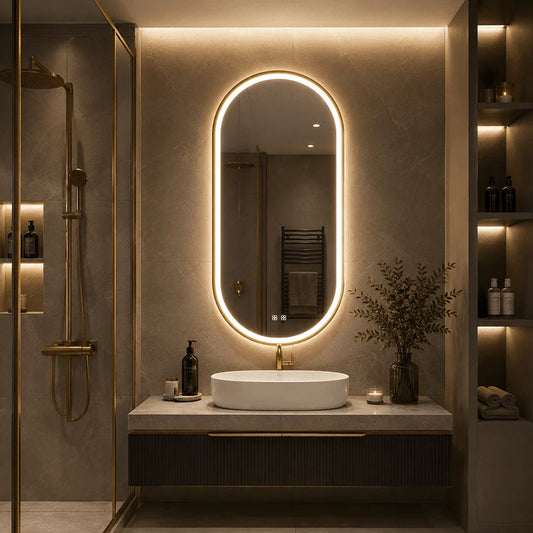 Oglinda LED Ovala 50×80 cm, Dezaburire, 3 Tipuri de Lumina, Touch, IP65, cu Rama Auriu Periat