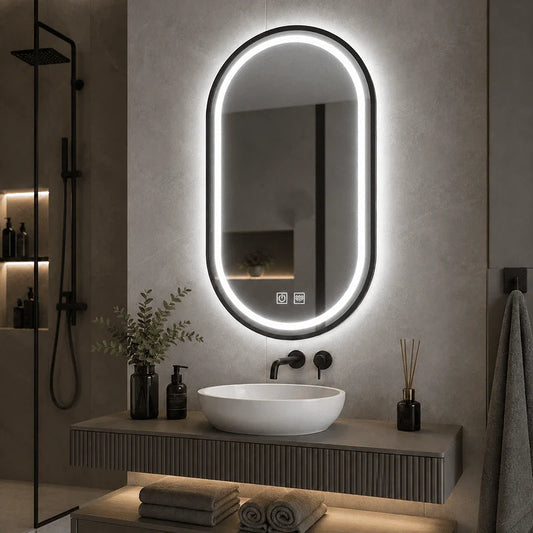 Oglinda LED Ovala 60×80 cm, Dezaburire, 3 Tipuri de Lumina, Touch, IP65, cu Rama Negru Mat