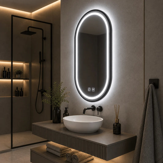 Oglinda LED Ovala 60×80 cm, Dezaburire, 3 Tipuri de Lumina, Touch, IP65, cu Rama Negru Mat
