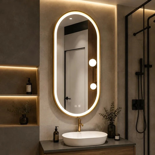 Oglinda LED Ovala 60×80 cm, Dezaburire, 3 Tipuri de Lumina, Touch, IP65, cu Rama Auriu Periat