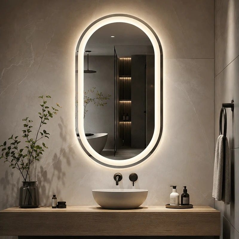 Oglinda LED Ovala 70×90 cm, Iluminare Fata + Spate, Dezaburire, 3 Tipuri de Lumina, Touch, Model Brazo