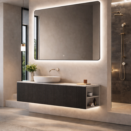 Oglinda LED Patrata Premium 80×80 cm, Rama Neagra, 3 Tipuri de Lumina – Calda, Rece, Neutra