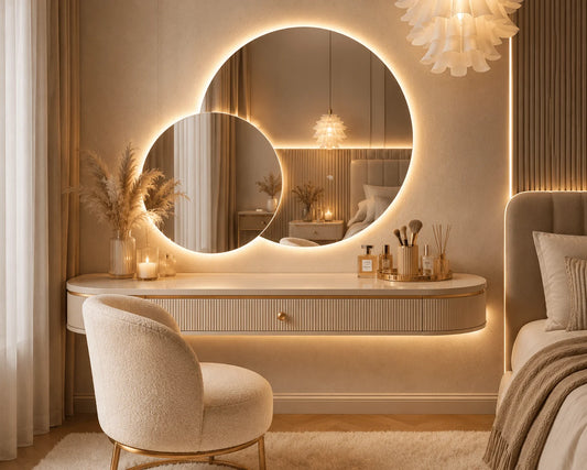 Oglindă LED Premium 2 Cercuri Suprapuse, 80x65x50 cm, Dimabilă, 3 Tipuri de Lumină, Touch, Copper-Free