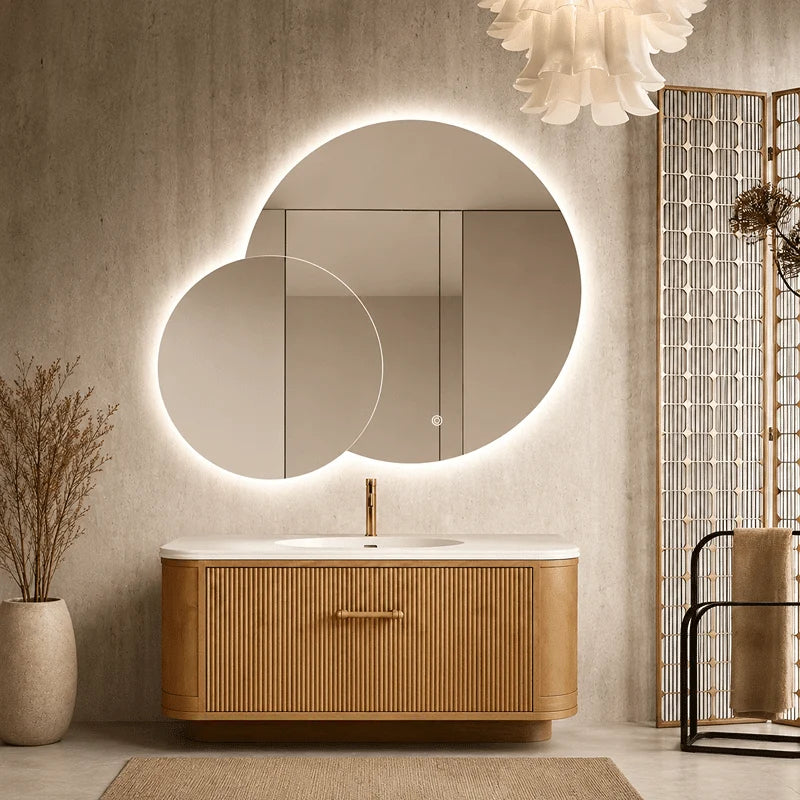 Oglinda LED Premium 2 Cercuri Suprapuse, 80x65x50 cm, Dimabila, 3 Tipuri de Lumina, Touch, Copper-Free