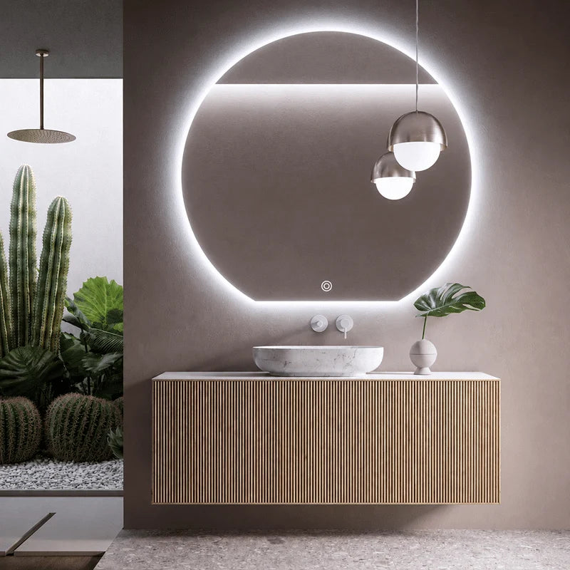 Oglinda LED Premium Semirotunda, Baza Dreapta, 80×75 cm, Touch, Dimabila, 3 Tipuri de Lumina, Copper-Free