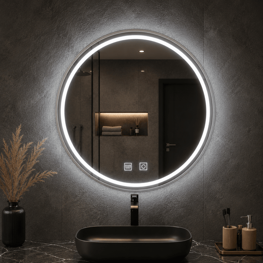 Oglindă LED Rotundă 60×60 cm, cu Ramă Aurie, Iluminare Față + Spate, Dezaburire, 3 Tipuri de Lumină, Touch, Model Cosmo Gold
