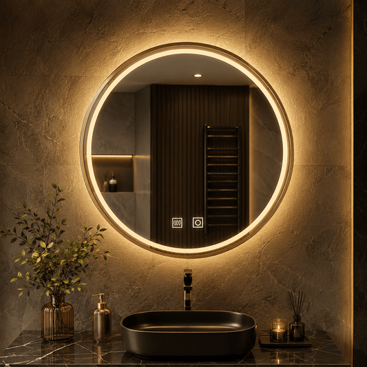Oglindă LED Rotundă 60×60 cm, cu Ramă Aurie, Iluminare Față + Spate, Dezaburire, 3 Tipuri de Lumină, Touch, Model Cosmo Gold