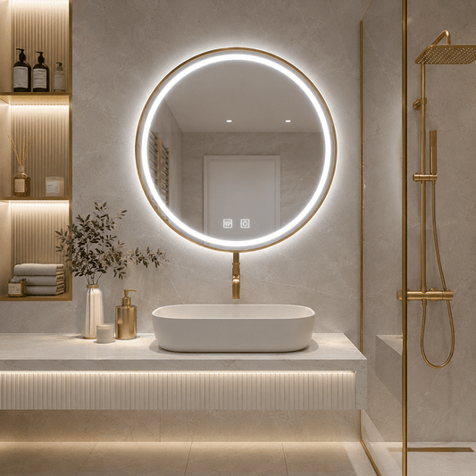 Oglindă LED Rotundă 70×70 cm, cu Ramă Aurie, Iluminare Față + Spate, Dezaburire, 3 Tipuri de Lumină, Touch, Model Cosmo Gold