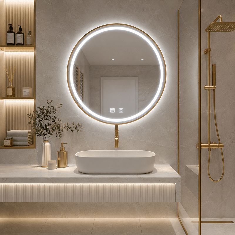 Oglinda LED Rotunda 70×70 cm, cu Rama Aurie, Iluminare Fata + Spate, Dezaburire, 3 Tipuri de Lumina, Touch, Model Cosmo Gold