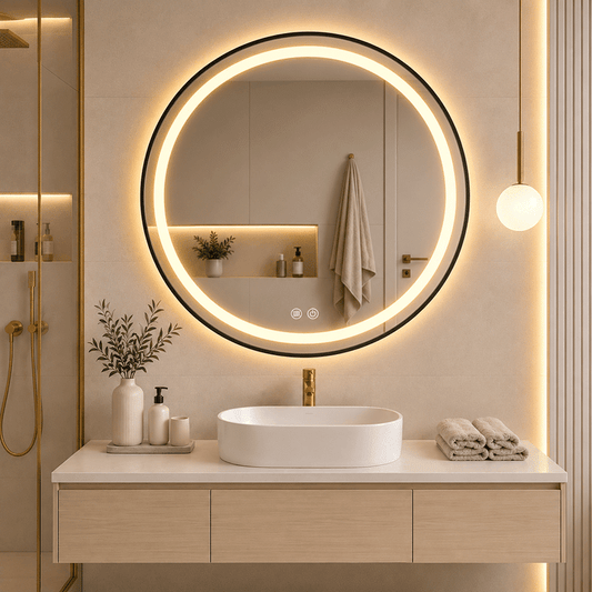 Oglindă LED Rotundă 70×70 cm, cu Ramă Neagră, Iluminare Față + Spate, Dezaburire, 3 Tipuri de Lumină, Touch, Model Cosmo Black
