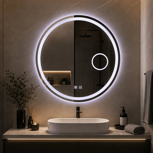 Oglindă LED Rotundă 70×70 cm, cu Lupa Cosmetica Model Shark Design, Dezaburire, 3 Tipuri de Lumină, Touch, IP65