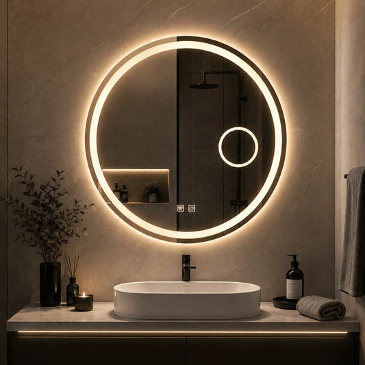Oglindă LED Rotundă 80×80 cm, cu Lupa Cosmetica Model Shark Design, Dezaburire, 3 Tipuri de Lumină, Touch, IP65