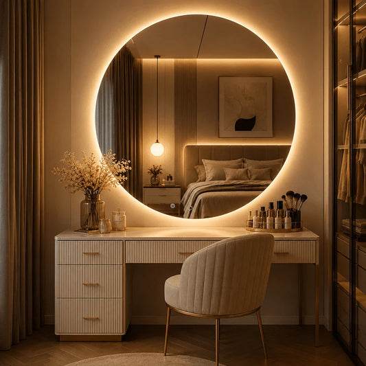 Oglindă LED Rotundă Premium 90×90 cm, Lumină Spate, 3 Tipuri de Lumină – Calda, Rece, Neutra