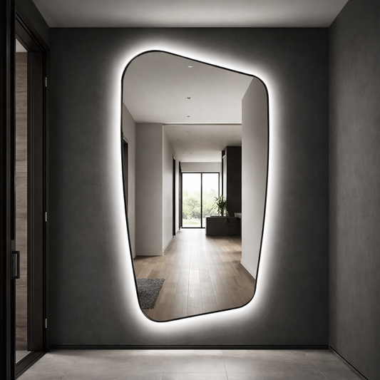 Oglinda LED pentru Dressing, Hol, Baie, Asimetrica Premium 70×110 cm, cu Rama Neagra, Touch, 3 Tipuri Lumina – Calda, Rece, Naturala