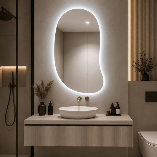 Oglinda cu LED Integrat 70×100 cm, Asimetrica, 3 Tipuri de Lumina, Calda, Neutra si Rece, cu Touch