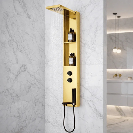 Panou de Duș Auriu Premium, Inox SUS304, 140×22 cm, Efect Ploaie și Cascadă, cu Rafturi Integrate