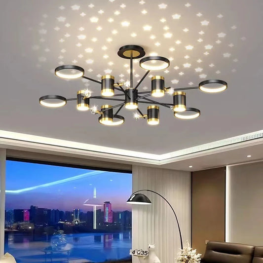 Lustra LED RFAN, Model R9082/6+6+1, Cu Telecomanda, 3 Tipuri De Lumina, Intensitate Reglabila, 214W, Negru/Auriu