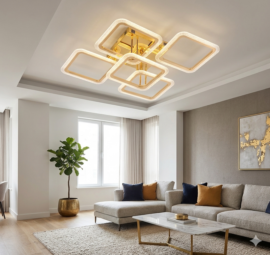 Lustra LED RFAN, Model R9181/2+2+1, Cu Telecomanda, 3 Tipuri De Lumina, Intensitate Reglabila, 130W, Auriu