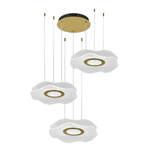 Lustra LED Tip Pendul RFAN, Model R9184/3, Cu Telecomanda, 3 Tipuri De Lumina, Inaltime Reglabila, 126W, Auriu