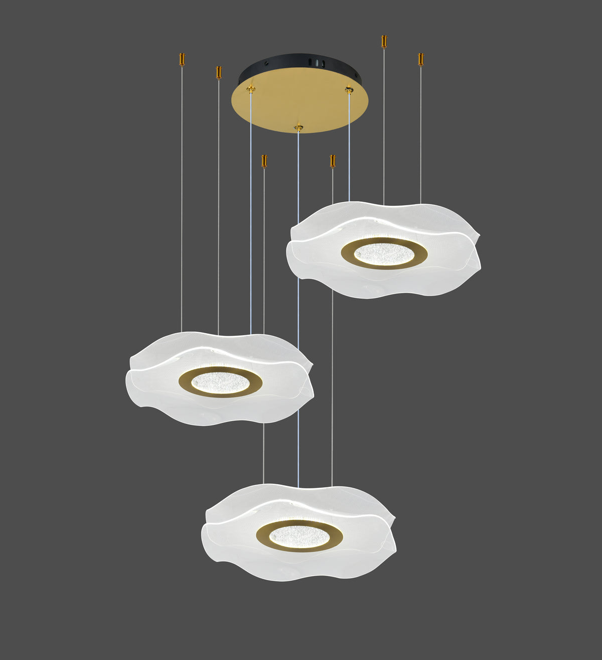 Lustra LED Tip Pendul RFAN, Model R9184/3, Cu Telecomanda, 3 Tipuri De Lumina, Inaltime Reglabila, 126W, Auriu