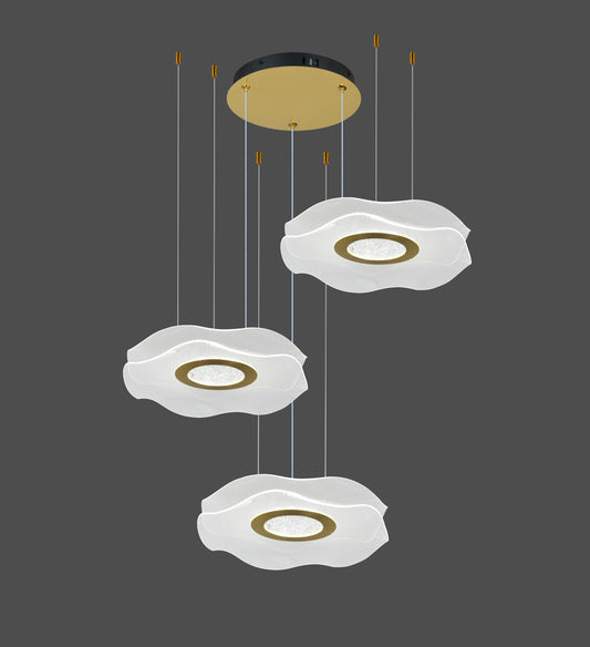 Lustra LED Tip Pendul RFAN, Model R9184/3, Cu Telecomanda, 3 Tipuri De Lumina, Inaltime Reglabila, 126W, Auriu