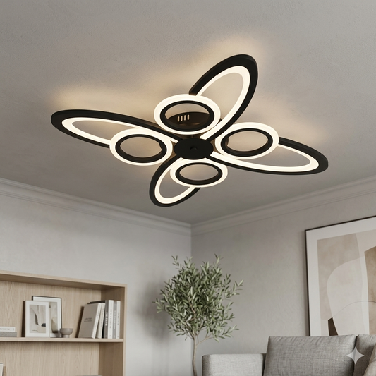 Lustra LED RFAN, Model R9185/4+4, Cu Telecomanda, 3 Tipuri De Lumina, Intensitate Reglabila, 128W, Negru