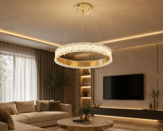 Pendul RFAN, Model R9195/500, Cu Telecomanda, 3 Tipuri De Lumina, Inaltime Reglabila, 108W, Auriu
