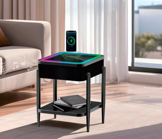 Masuta smart QMS-8 cu boxa Bluetooth 65W, incarcare wireless, USB, TWS si iluminare LED RGB, neagra