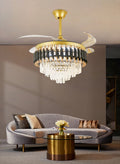 Candelabru LED RFAN, Cu Ventilator si Telecomanda, Cristal Si Metal, 72W, Negru/Auriu
