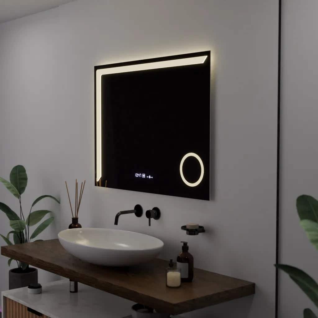 Oglinda LED 80×60 cm Dreptunghiulara, Senzor Miscare Premium, 3 Tipuri de Lumina, Dimabila, Ceas & Temperatura, Dezaburire