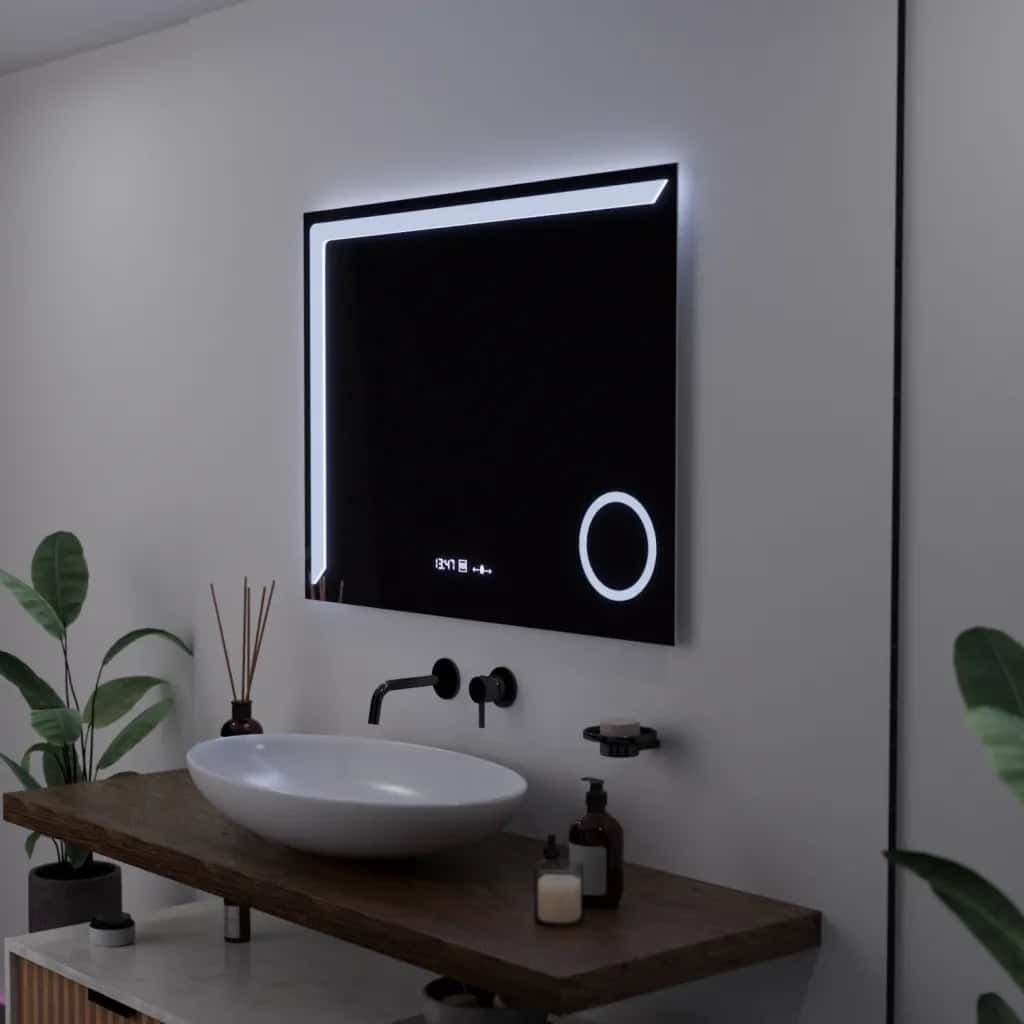 Oglinda LED 80×60 cm Dreptunghiulara, Senzor Miscare Premium, 3 Tipuri de Lumina, Dimabila, Ceas & Temperatura, Dezaburire