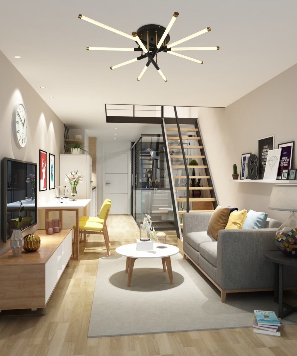 Lustra LED RFAN, Model FD80011/5, cu Telecomanda, 3 Tipuri de Lumina, Intensitate Reglabila, 75W, Negru/Auriu
