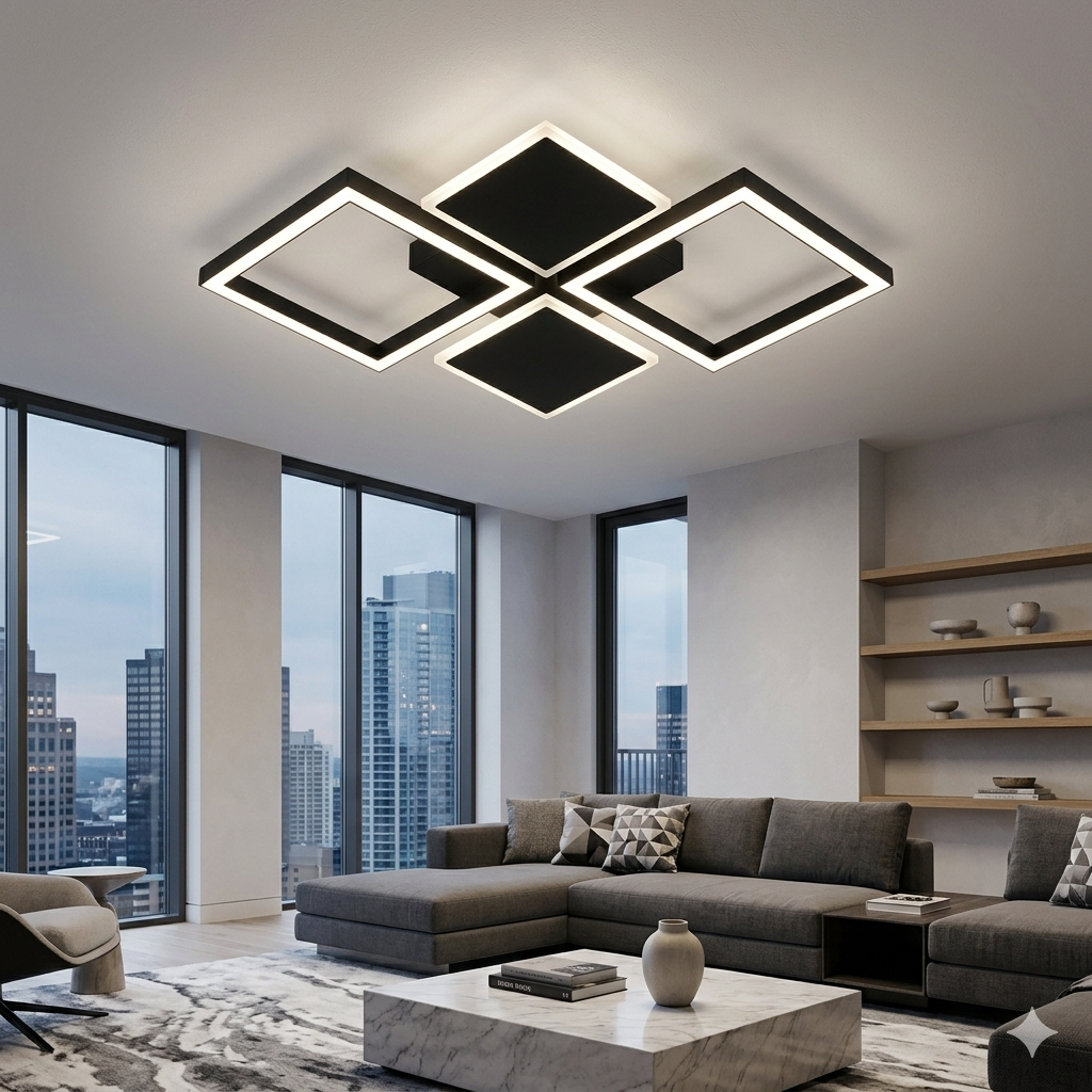 Lustra LED RFAN, Model FX60455/2+2, cu Telecomanda, 3 Tipuri de Lumina, Intensitate Reglabila, 56W, Negru
