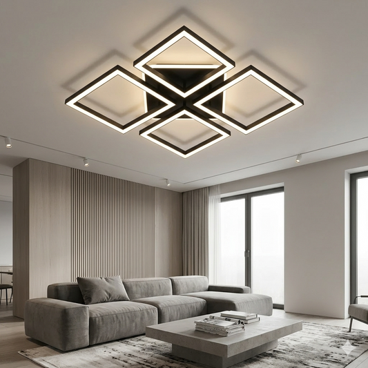 Lustra LED RFAN, Model FX60455/4+1, cu Telecomanda, 3 Tipuri de Lumina, Intensitate Reglabila, 91W, Negru