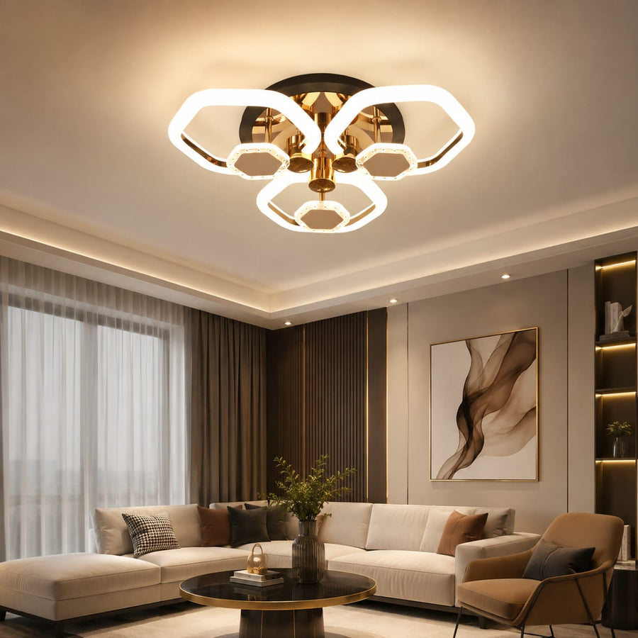 Lustra LED RFAN, Model 1008/3+3, Cu Telecomanda, 3 Tipuri De Lumina, Intensitate Reglabila, 90W, Negru/Auriu
