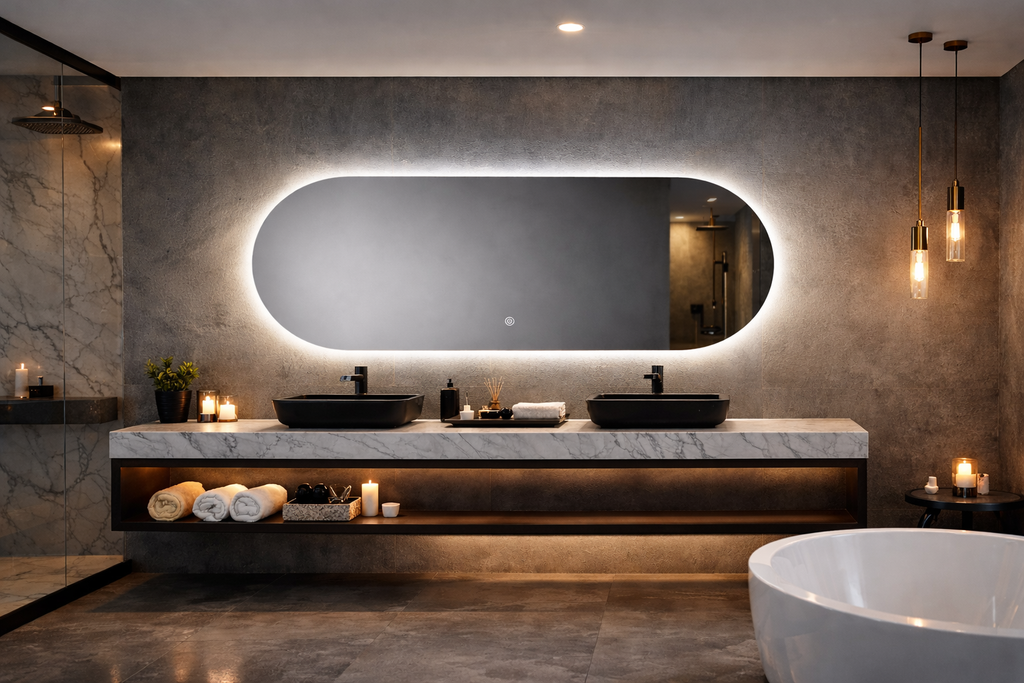 Oglinda LED Ovala Premium 120×60 cm, Lumina Spate, 3 Tipuri de Lumina – Calda, Rece, Neutra