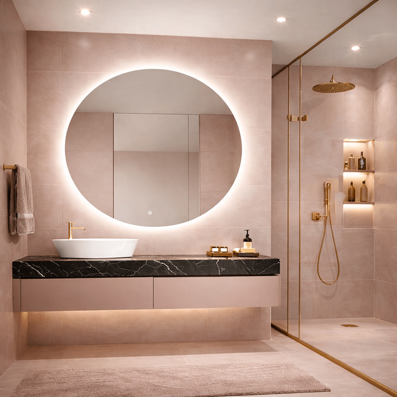 Oglinda LED Rotunda Premium 100×100 cm, Lumina Spate, 3 Tipuri de Lumina – Calda, Rece, Neutra