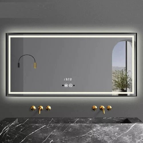 Oglinda LED si Touch, cu Functie Dezaburire si Ceas, 120 x 80 cm, Rama Negru Mat, J145 Smack