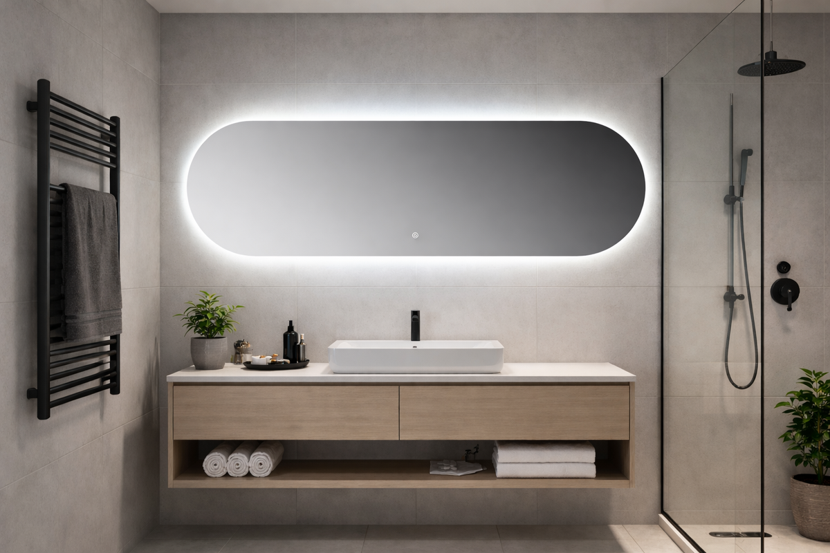 Oglinda LED Ovala Premium 120×60 cm, Lumina Spate, 3 Tipuri de Lumina – Calda, Rece, Neutra