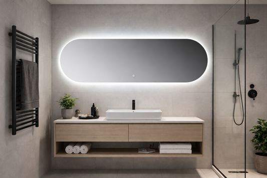 Oglinda LED Ovala Premium 120×60 cm, Lumina Spate, 3 Tipuri de Lumina – Calda, Rece, Neutra