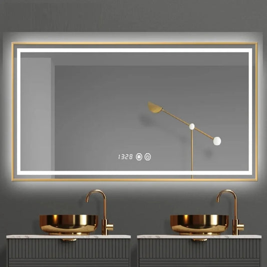 Oglinda LED Si Touch, Cu Functie Dezaburire Si Ceas, Rama Bronz Antichizat, 120x80 cm, J47 Smack